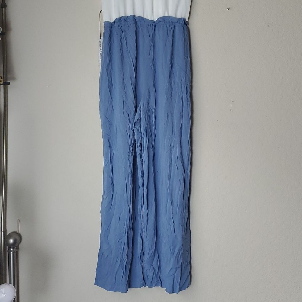 NWT June & Hudson Jumpsuit XL Blue White 2 Tone Wide Leg Colorblock Short Sleeve - Picture 2 of 16